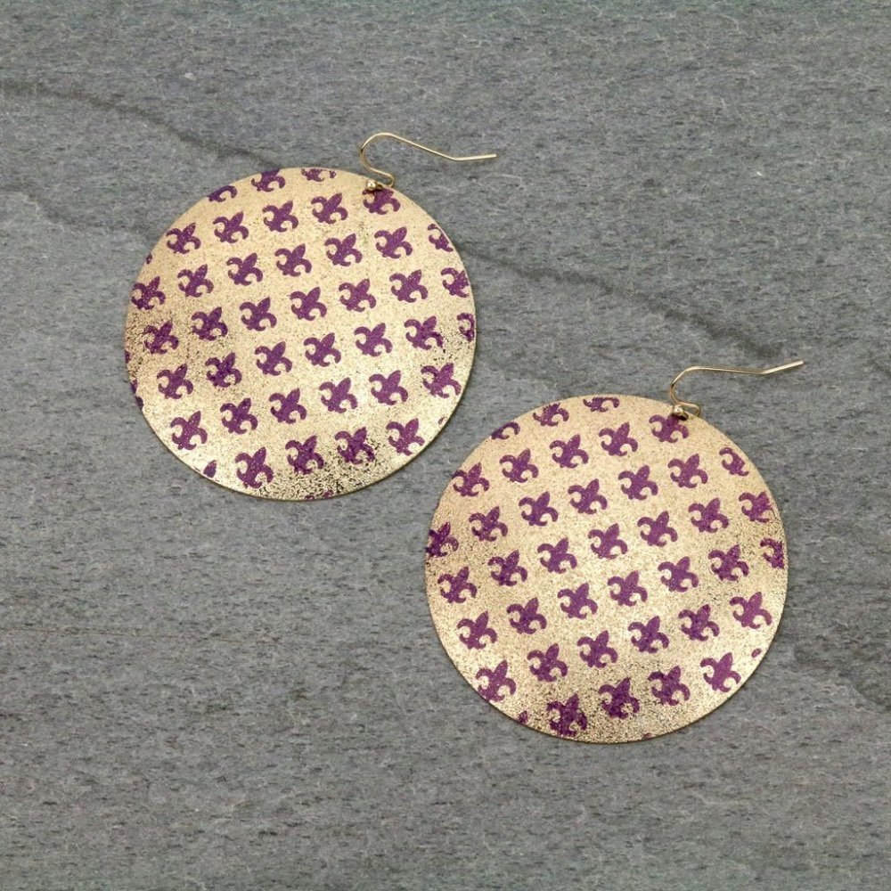 Fleur De Lis Purple and Gold Earrings